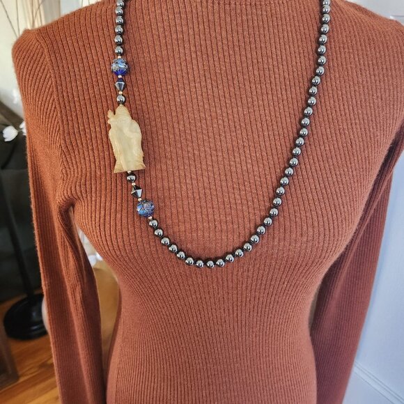 Vintage Hematite, Cloisonné Beaded Necklace with Jade Figurine 33” - Picture 7 of 7